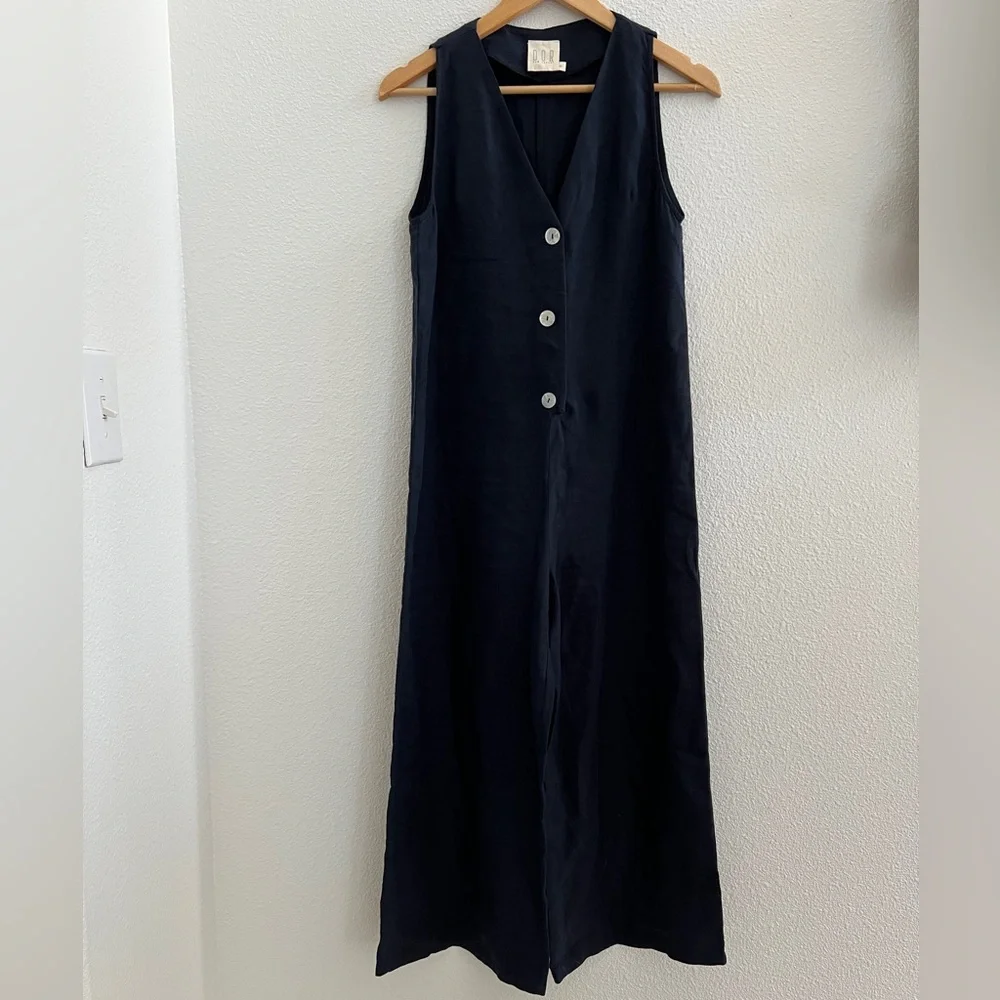 DOR Raw Small Luxury Linen Navy Blue Wide Leg Maggiore Lake Resort Jumpsuit - Picture 5 of 13